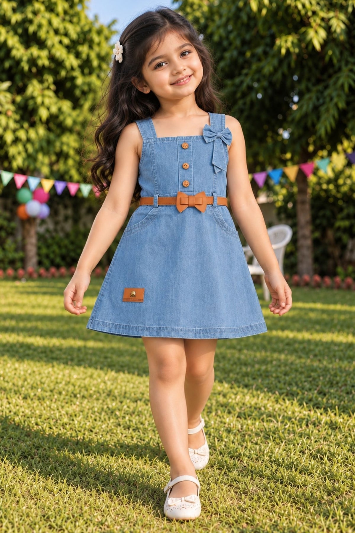 Girls Blue Sleeveless Bow Detail Denim Dress