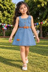 Girls Blue Sleeveless Bow Detail Denim Dress