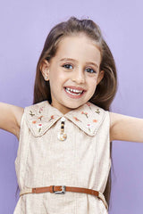Beige Sleeveless Frock With Embroidered Collar And Waist Band For Girls