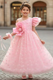 Blush Pink One-Shoulder Bow Embroidered Party Gown for Girls