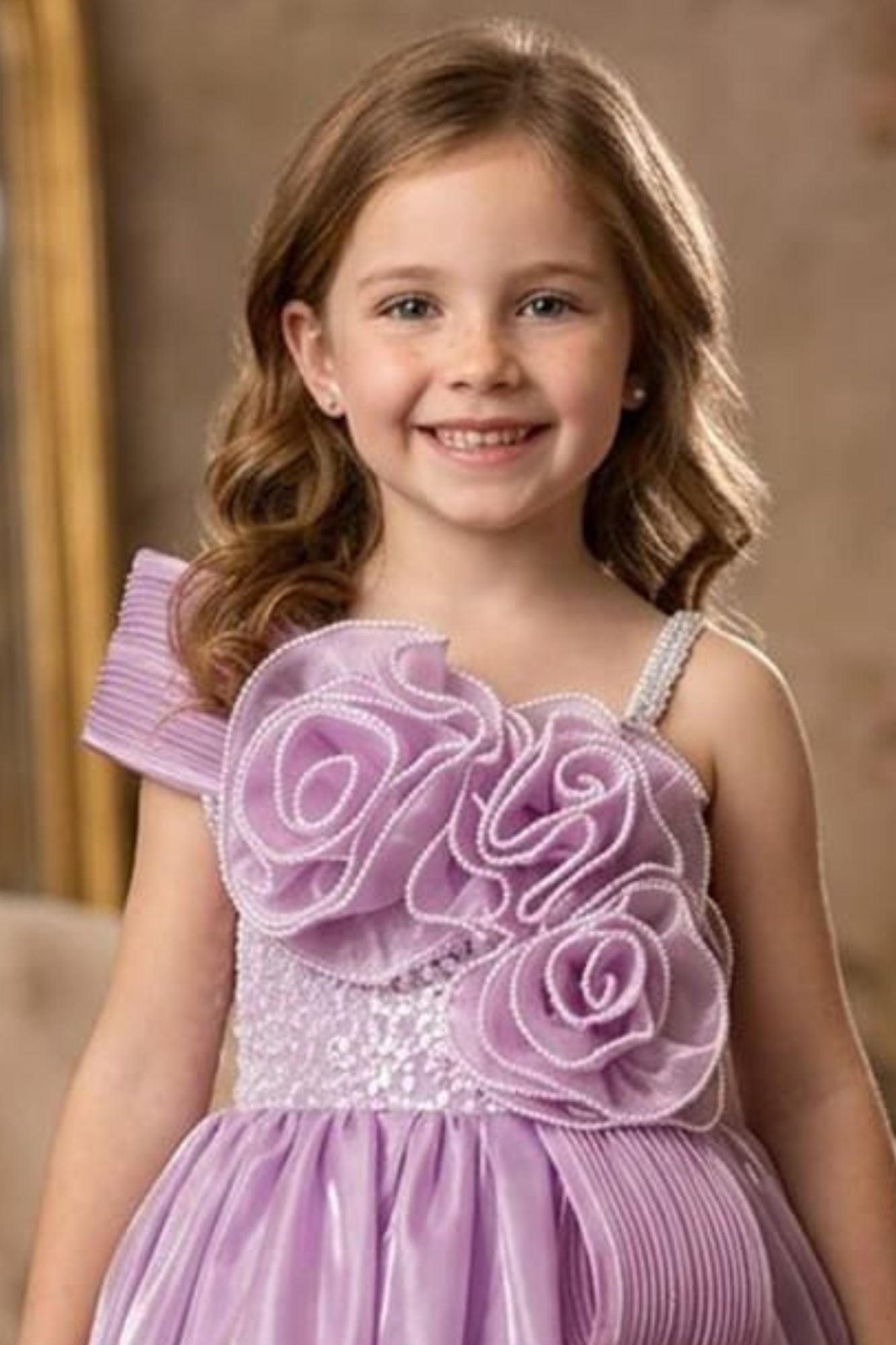 Girls Lavender One-Shoulder Party Gown with 3D Floral Ruffles