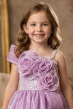 Girls Lavender One-Shoulder Party Gown with 3D Floral Ruffles