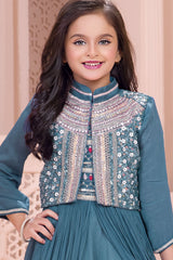 Teal Blue Embroidered Drapped Style Palazzo Set For Girls