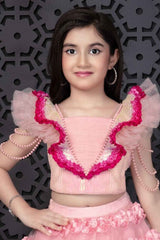 Designer Pink Frill Sleeve With Sequin And Pearl Work And Floral Embellished Frock For Girls