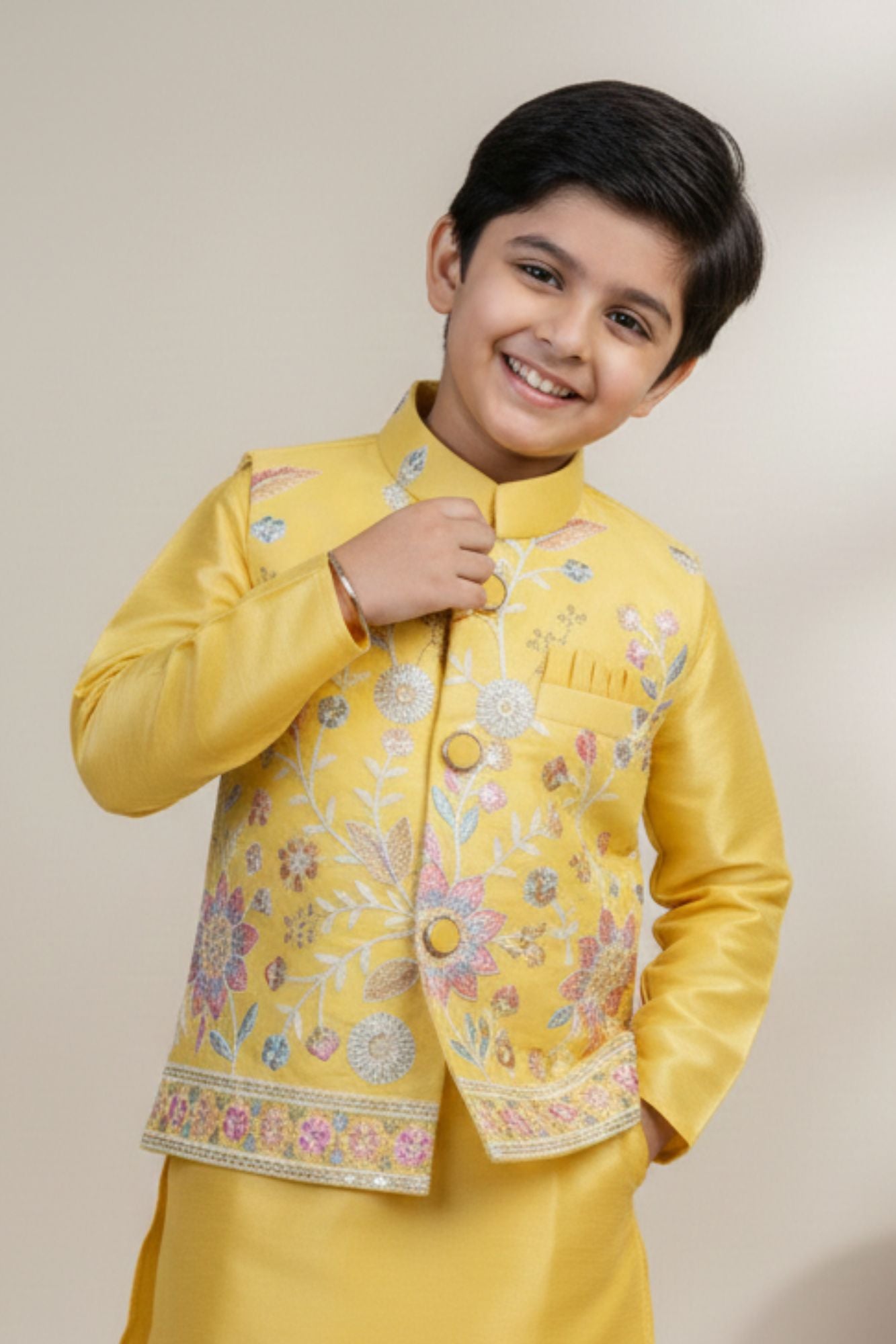 Yellow Embroidered Kurta Pajama Set with Ethnic Jacket for Boys