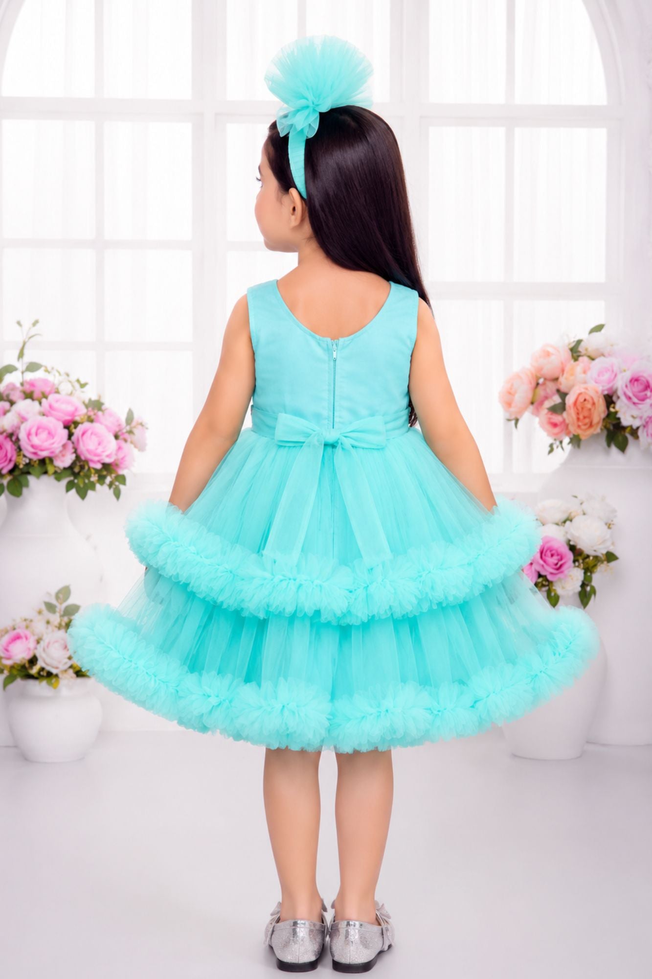 Aqua Blue Embellished Tulle Party Wear Frock for Girls