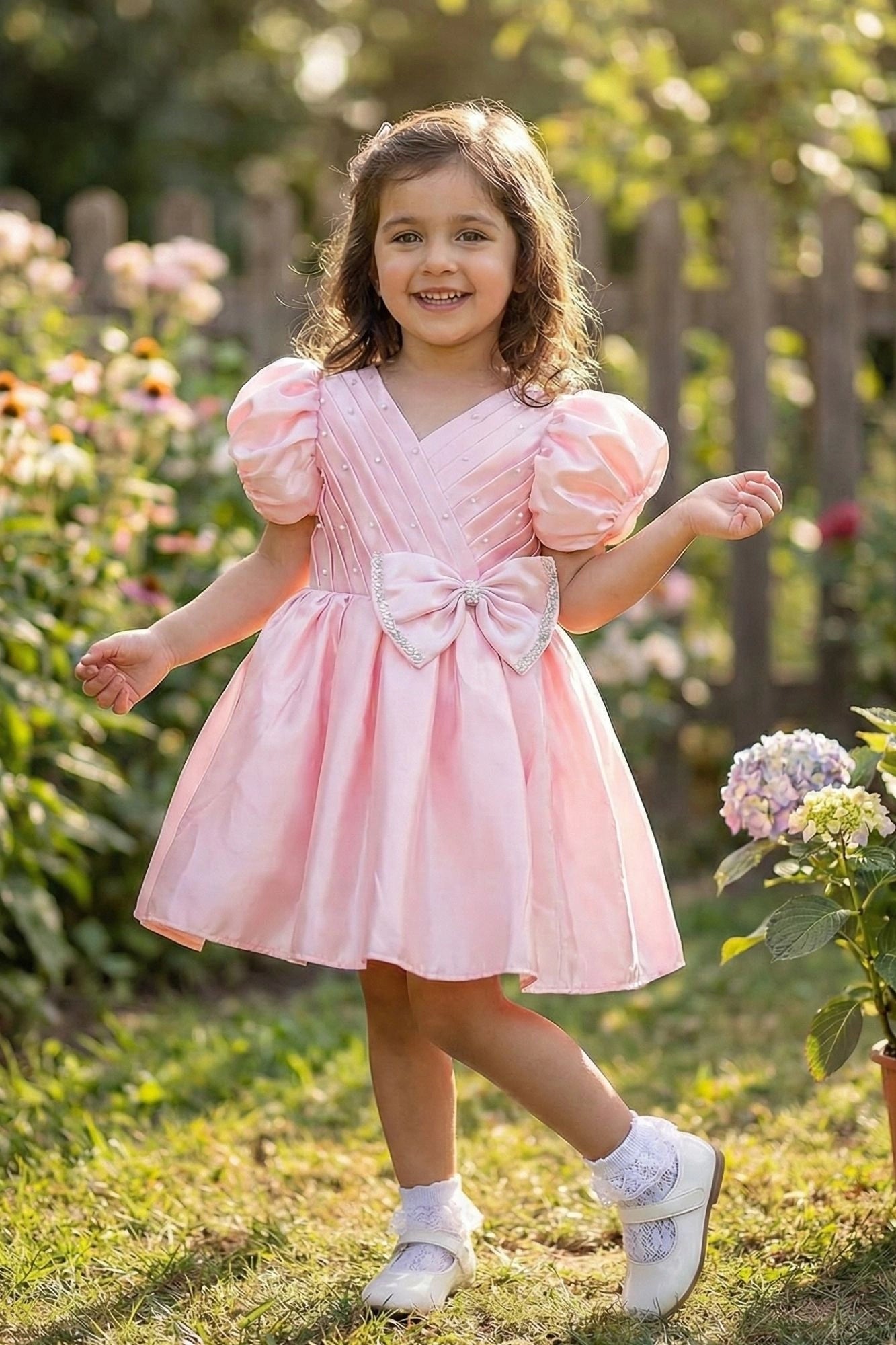 Blush Pink Pleated Satin Party Wear Frock With Puff Sleeves For Girls