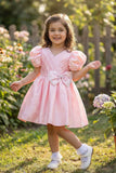 Blush Pink Pleated Satin Party Wear Frock With Puff Sleeves For Girls