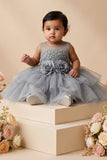 Girls Grey Floral Embellished Net Party Dress