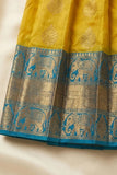 Girls Olive Green and Teal Blue Embroidered Pattu Pavadai Set with Dupatta