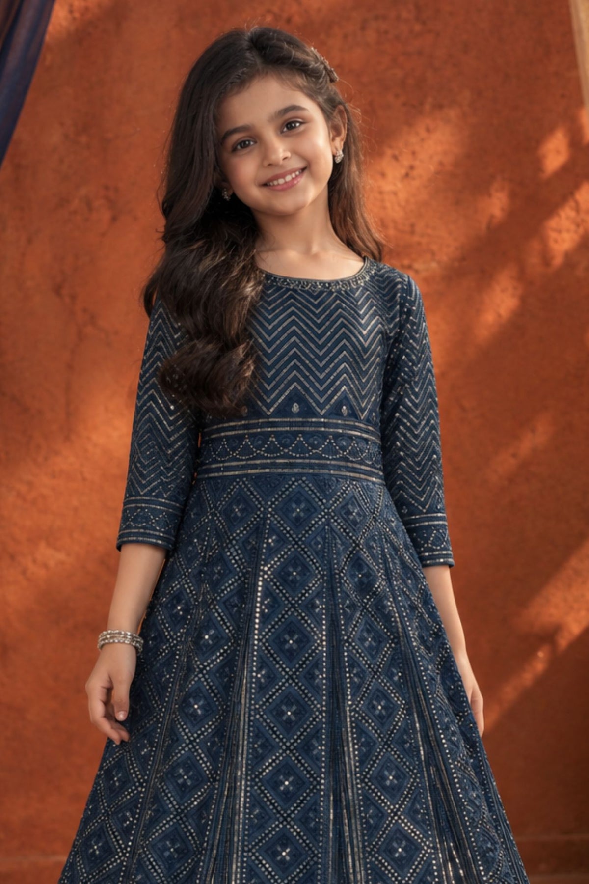 Navy Blue Sequined Long Ethnic Gown For Girls