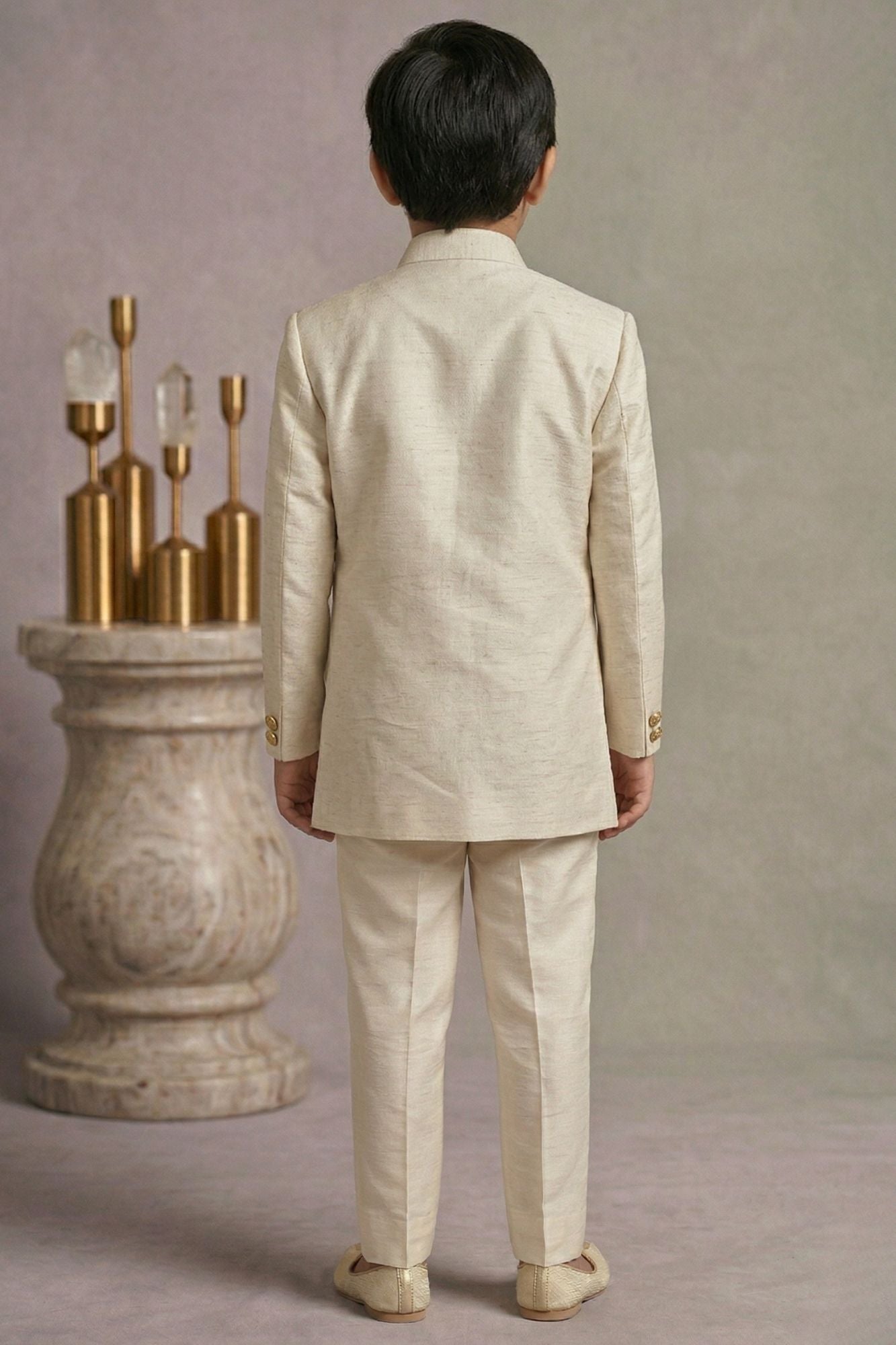 Cream Printed Jodhpuri Suit With Lion Motif And Embroidered Detailing For Boys
