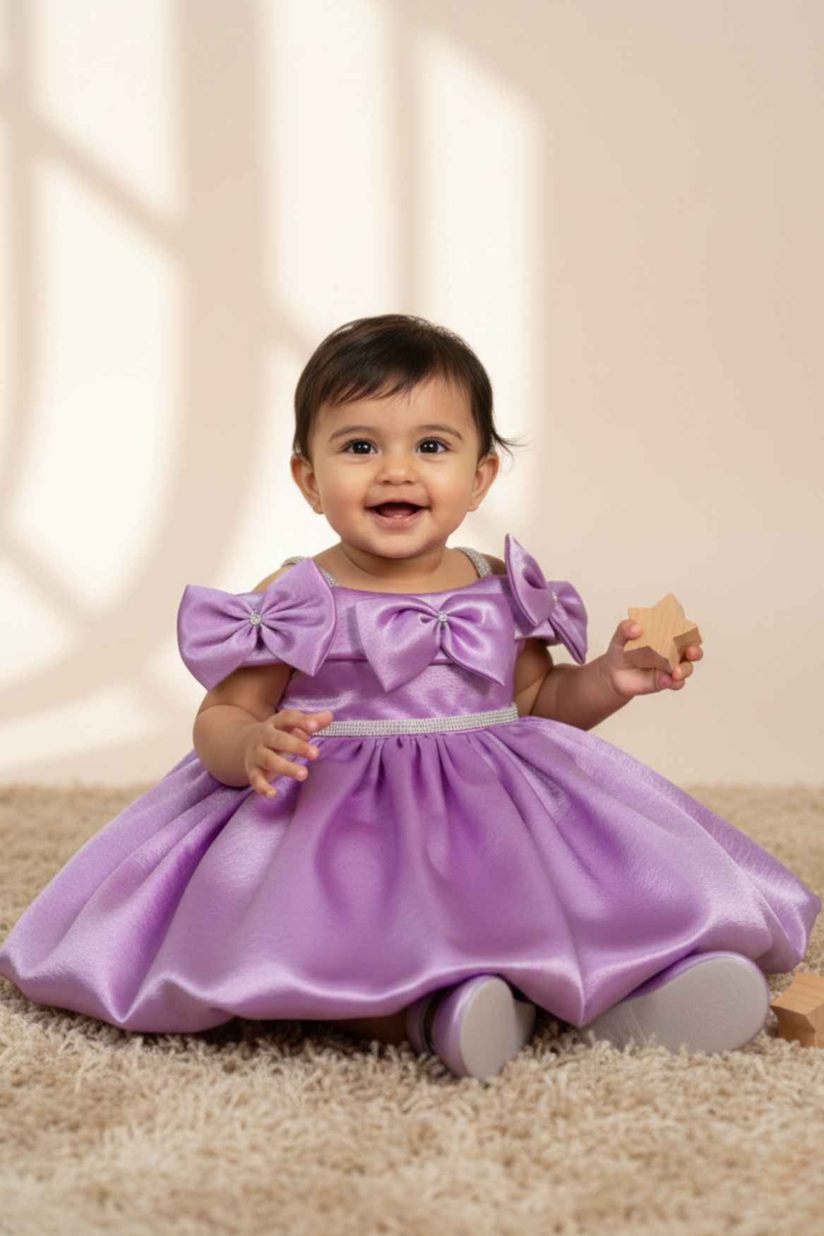 Purple Party Wear Frock with Shoulder Bows and Crystal Belt For Girls