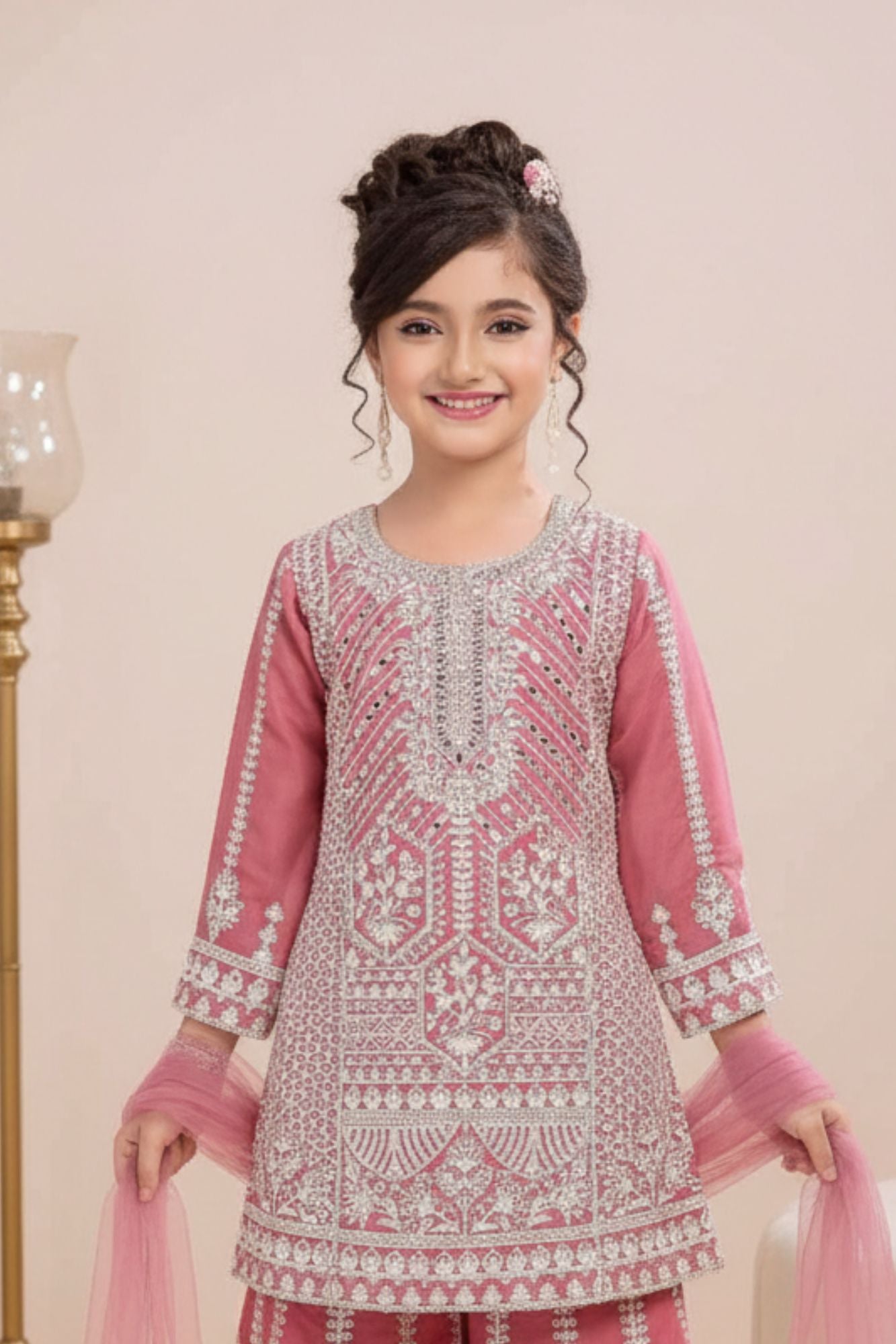 Dusty Pink And Gold Embroidered Kurti Palazzo Set for Girls