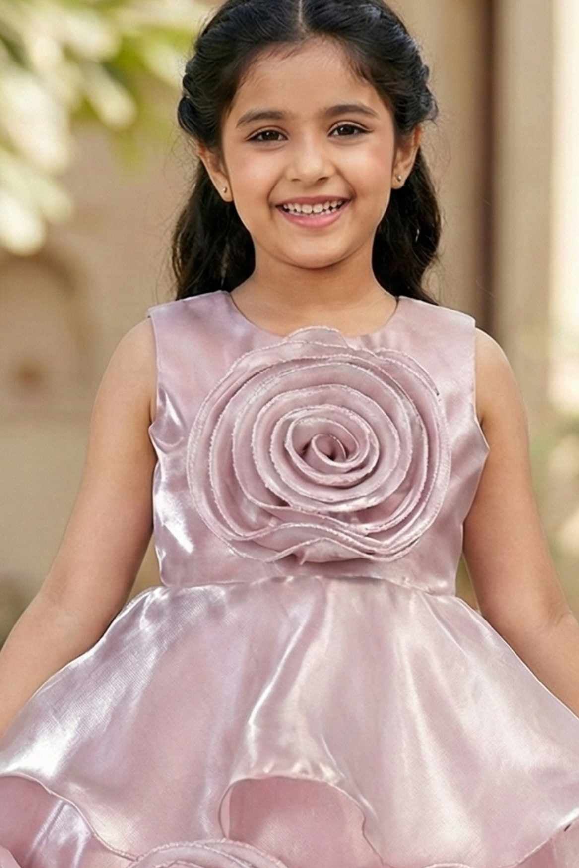 Onion Pink Embellished Party Wear Frock with 3D Rose Appliqué For Girls