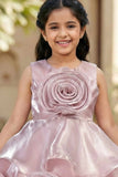 Onion Pink Embellished Party Wear Frock with 3D Rose Appliqué For Girls