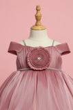Onion Pink Party Frock with Pleated Flower Appliqué and Shimmer Finish For Girls