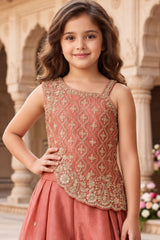 Girls Dusty Pink Gold Embroidered Palazzo Set