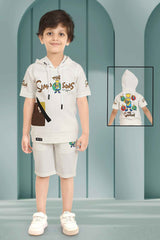 Off White Printed Hoodie With Shorts Set For Boys