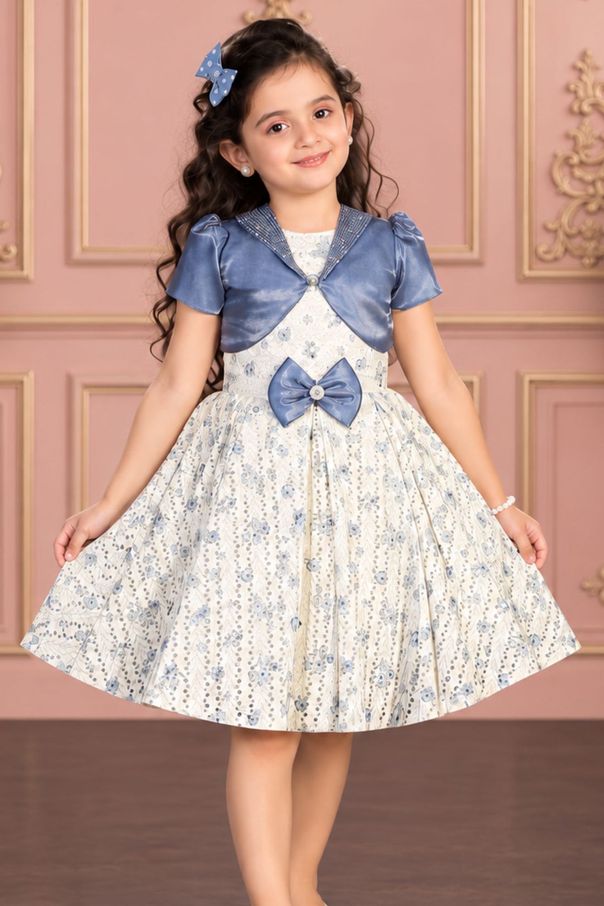 Cream Frock With Blue Sequin Overcoat For Girls