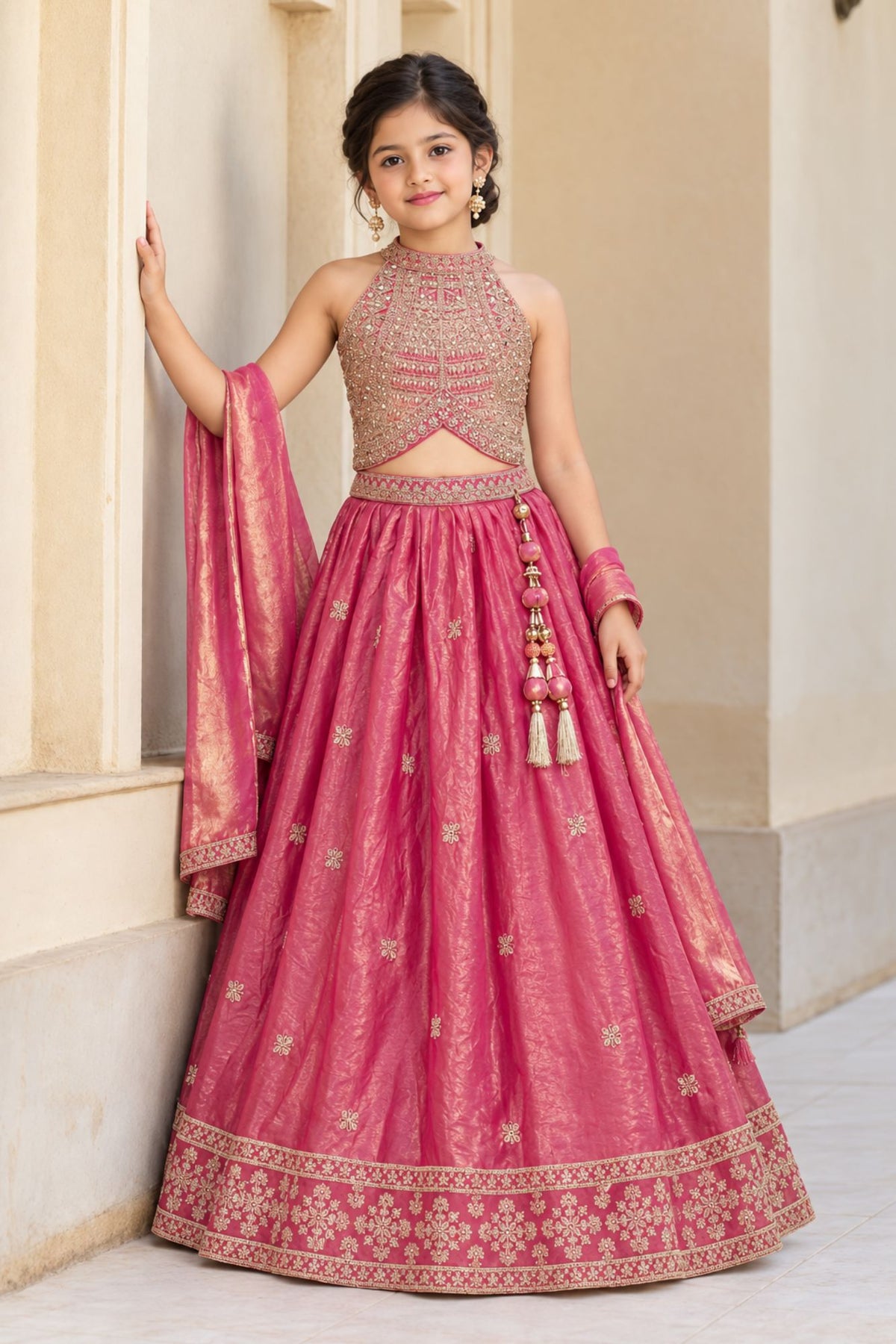 Girls Pink With Gold Sequin Embroidered Halter Neck Lehenga Choli Set