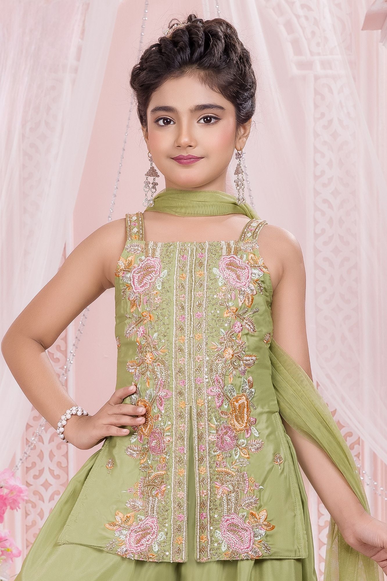 Girls Pista Green Palazzo Set with Heavy Floral Embroidered Kurti And Dupatta