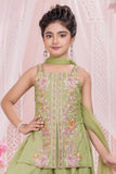 Girls Pista Green Palazzo Set with Heavy Floral Embroidered Kurti And Dupatta