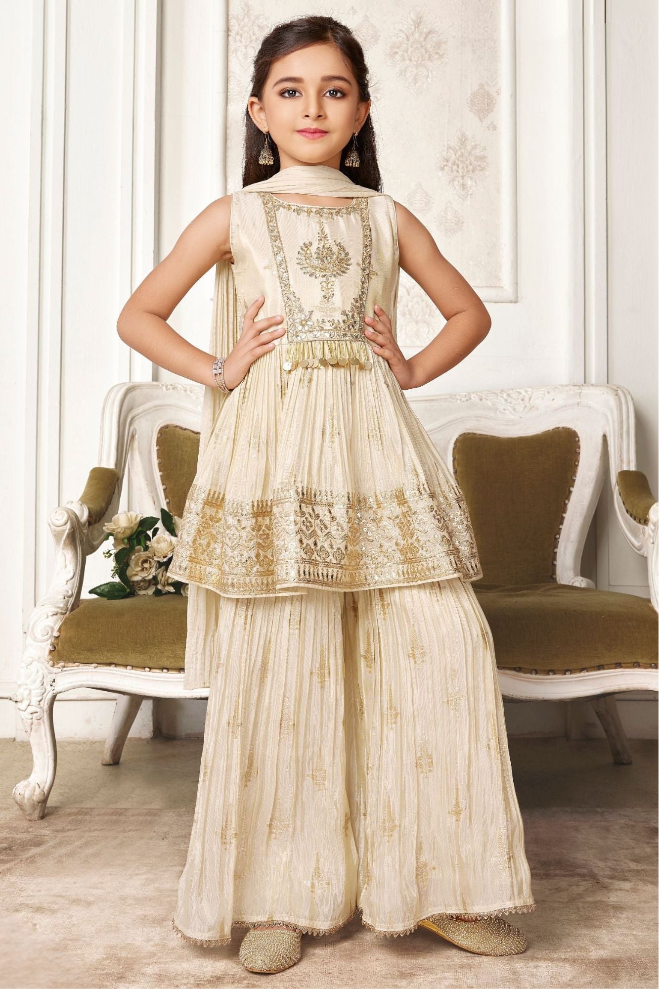 Girls Ivory Embroidered Palazzo Set with Dupatta