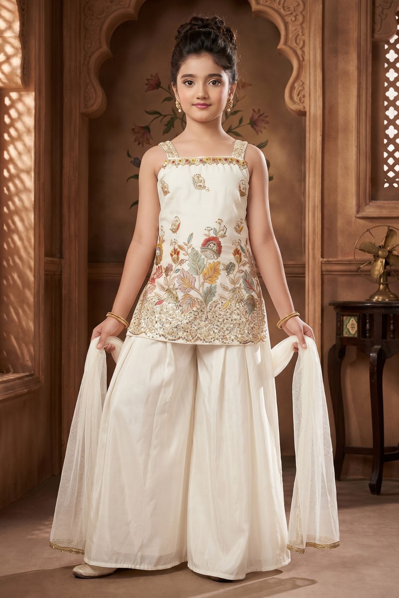 White Floral Sequin Work Palazzo Set with Dupatta For Girls