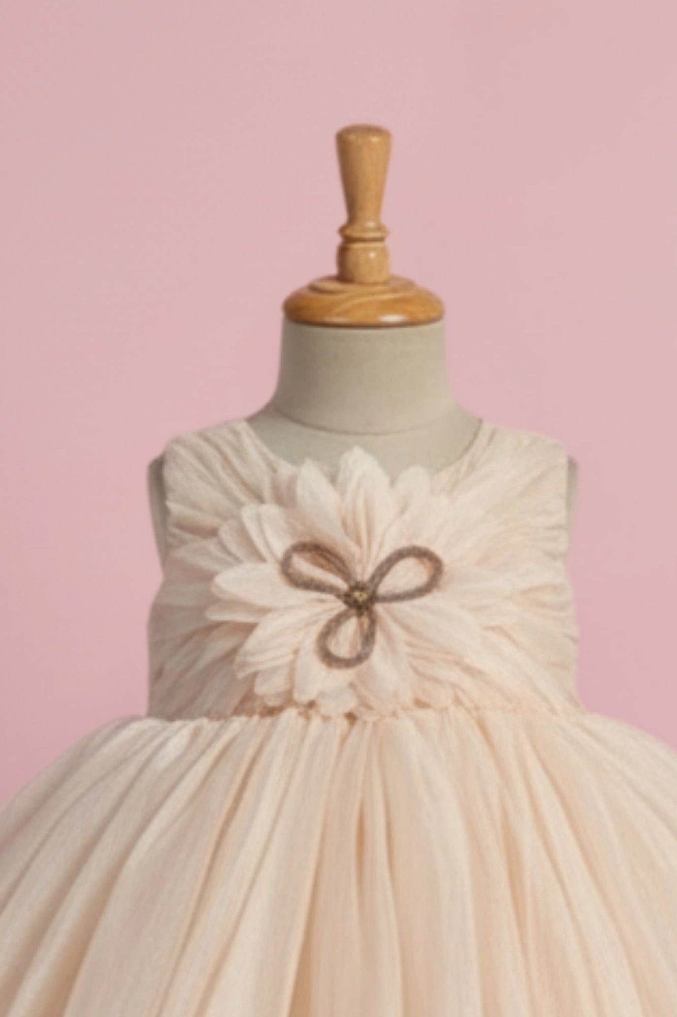 Fawn Party Frock with Oversized Floral Appliqué and Pleated Shine Finish For Girls