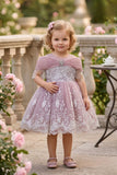 Girls Onion Pink Off-Shoulder Embroidered Party Wear Frock