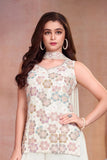 Girls Ivory Multicolour Floral Sequin Embroidered Sleeveless Palazzo Set With Dupatta