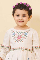 Stylish Off White Casual Frock With Embroidery For Girls