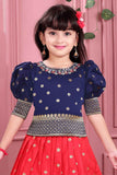 Navy Blue and Red Pattu Pavadai Set With Intricate Zari Border For Girls