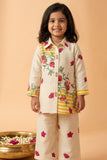 Girls Cream Floral Printed Co-Ord Set with Shirt And Wide-Leg Pants