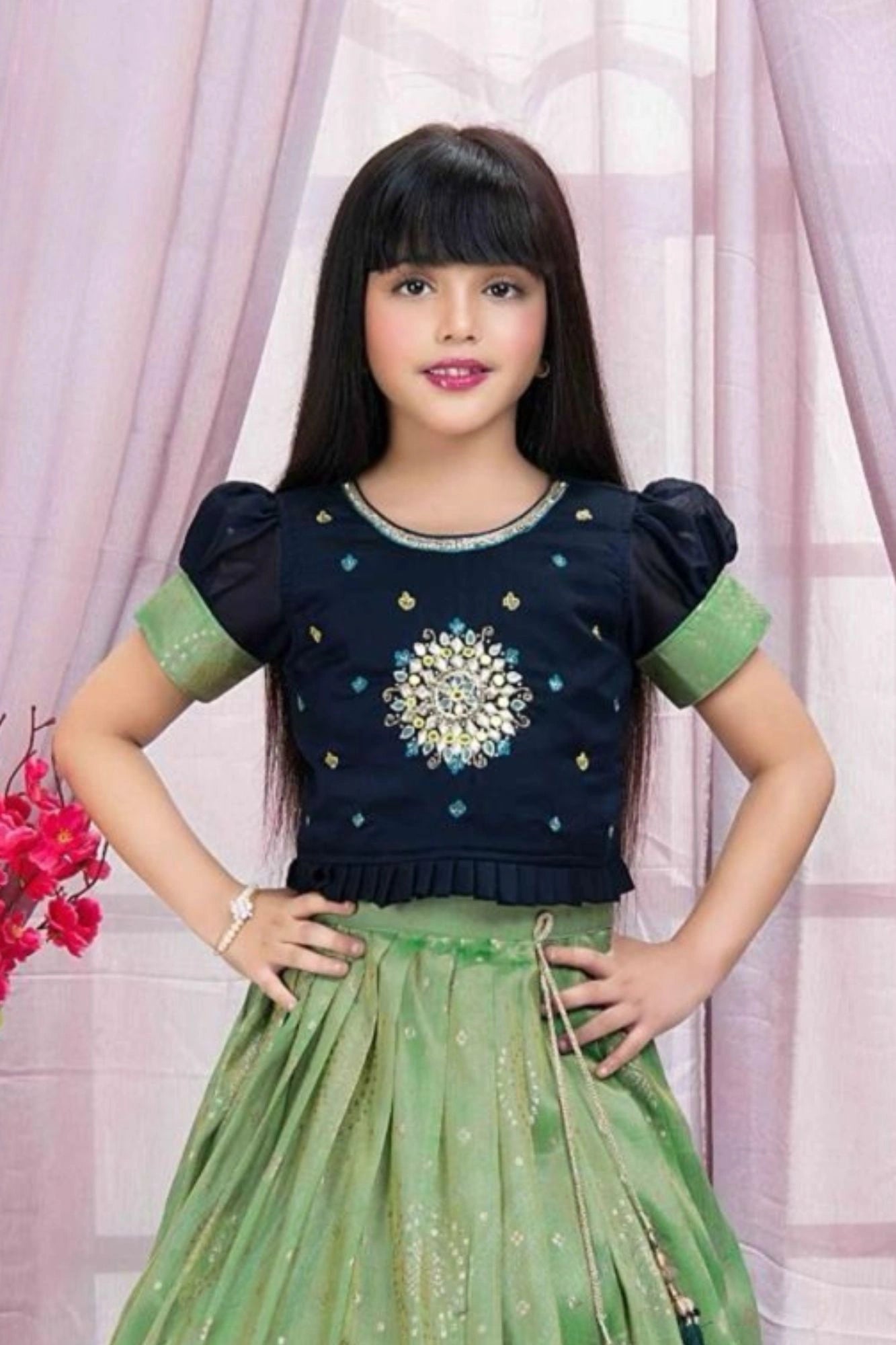 Navy Blue And Pista Green Embroidered Pattu Pavadai Set For Girls