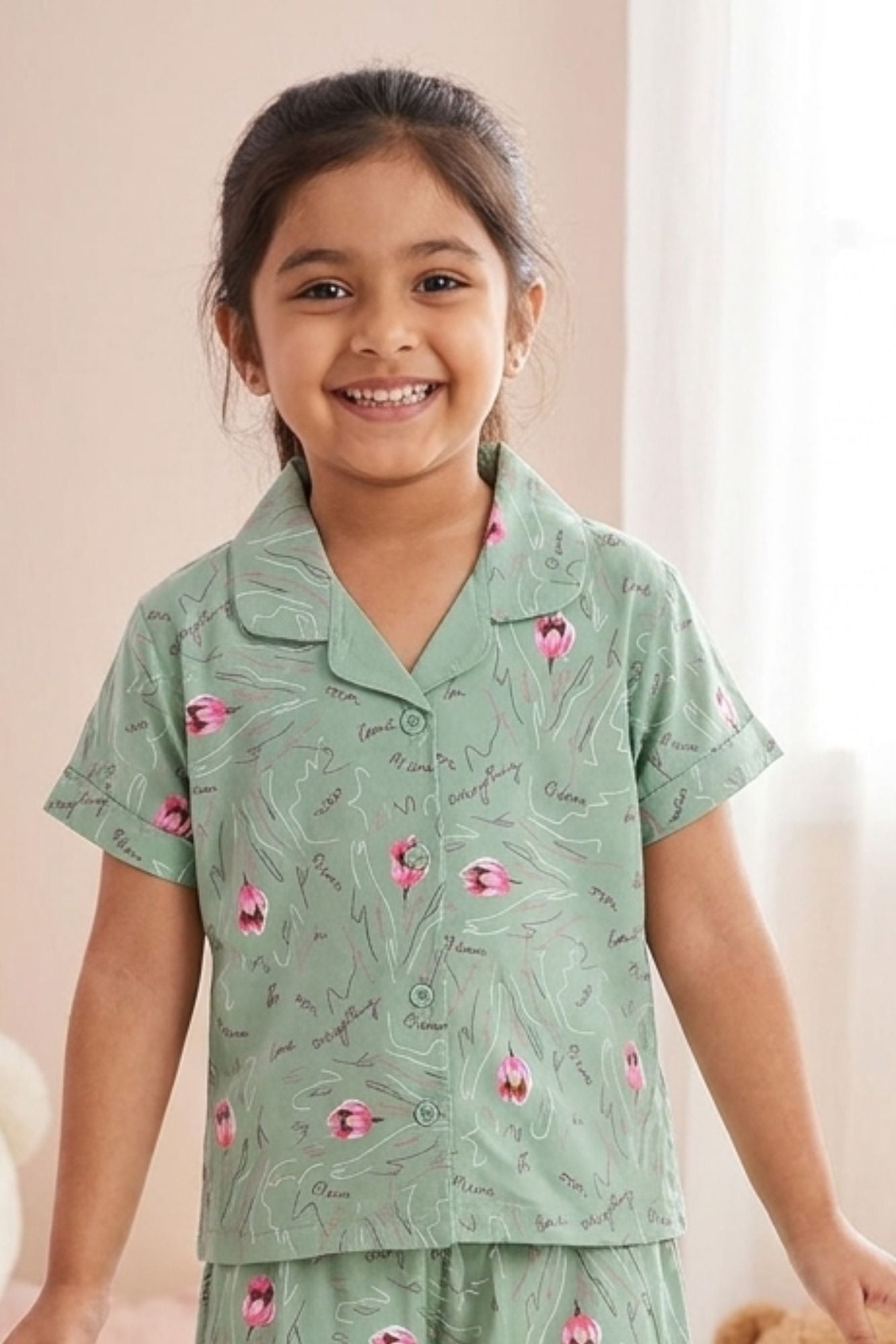 Girls Sage Green Floral Print Night Suit Set