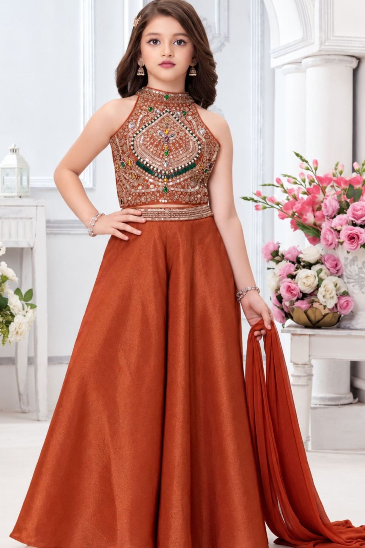 Girls Elegant Rust Orange Sequin And Stone Embellished Palazzo Set