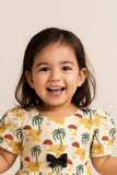 Beige Tropical Print Cotton Frock With Puff Sleeves & Bow Detail For Girls