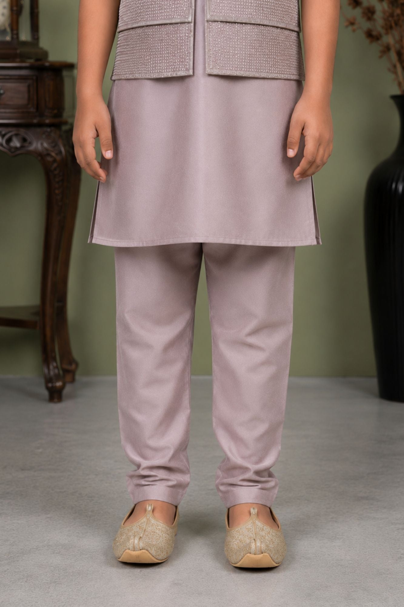 Onion Pink Embroidered Kurta Pajama Set with Ethnic Jacket for Boys