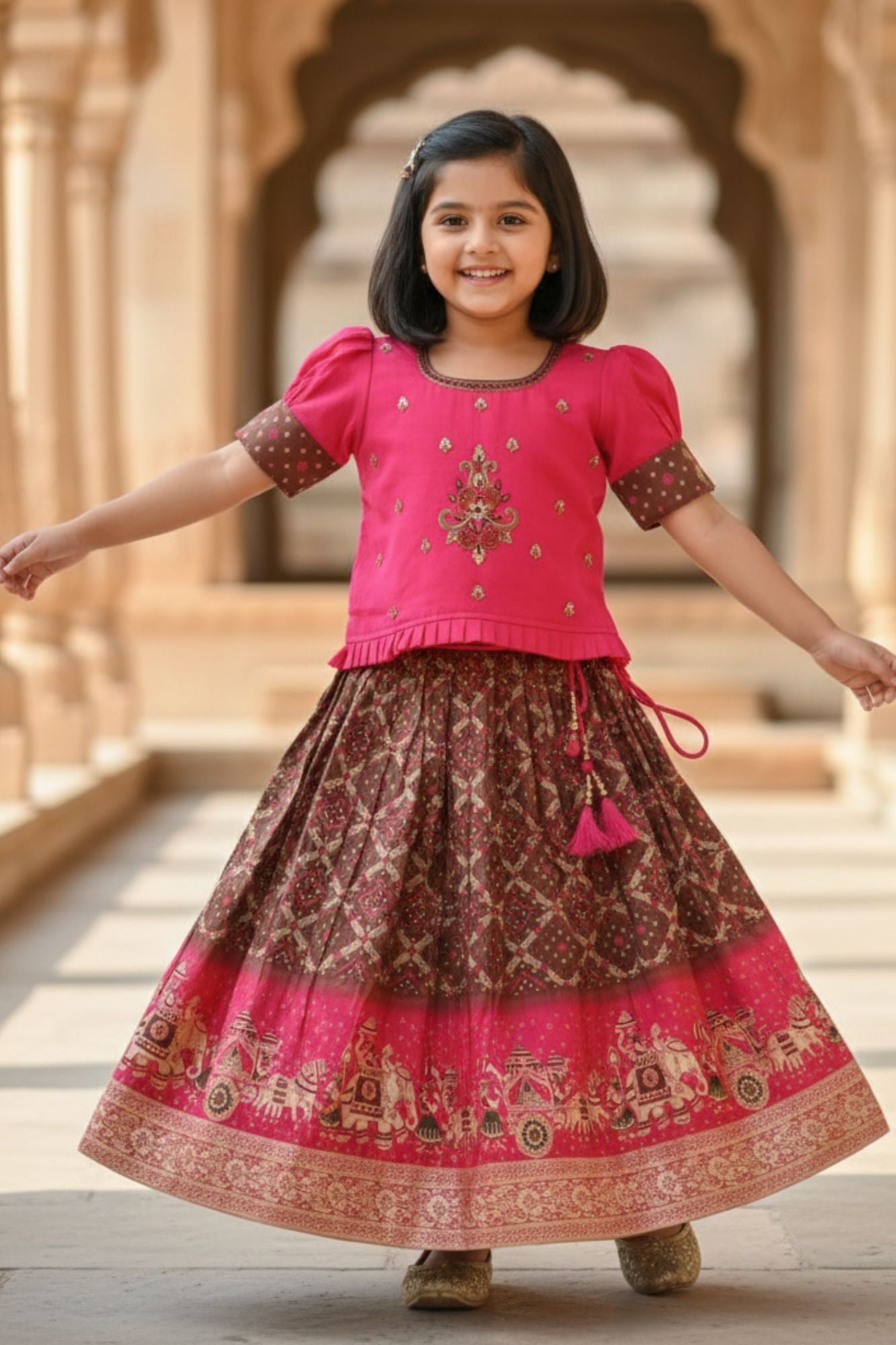 Rani Pink Zari Embroidered Silk Pattu Pavadai For Girls