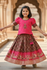 Rani Pink Zari Embroidered Silk Pattu Pavadai For Girls