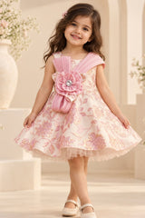 Girls Blush Pink Floral Embroidered Party Frock with 3D Flower Embellishment