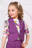 Purple Waist Coat And Pant With Floral Printed Top Set For Girls
