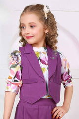 Purple Waist Coat And Pant With Floral Printed Top Set For Girls