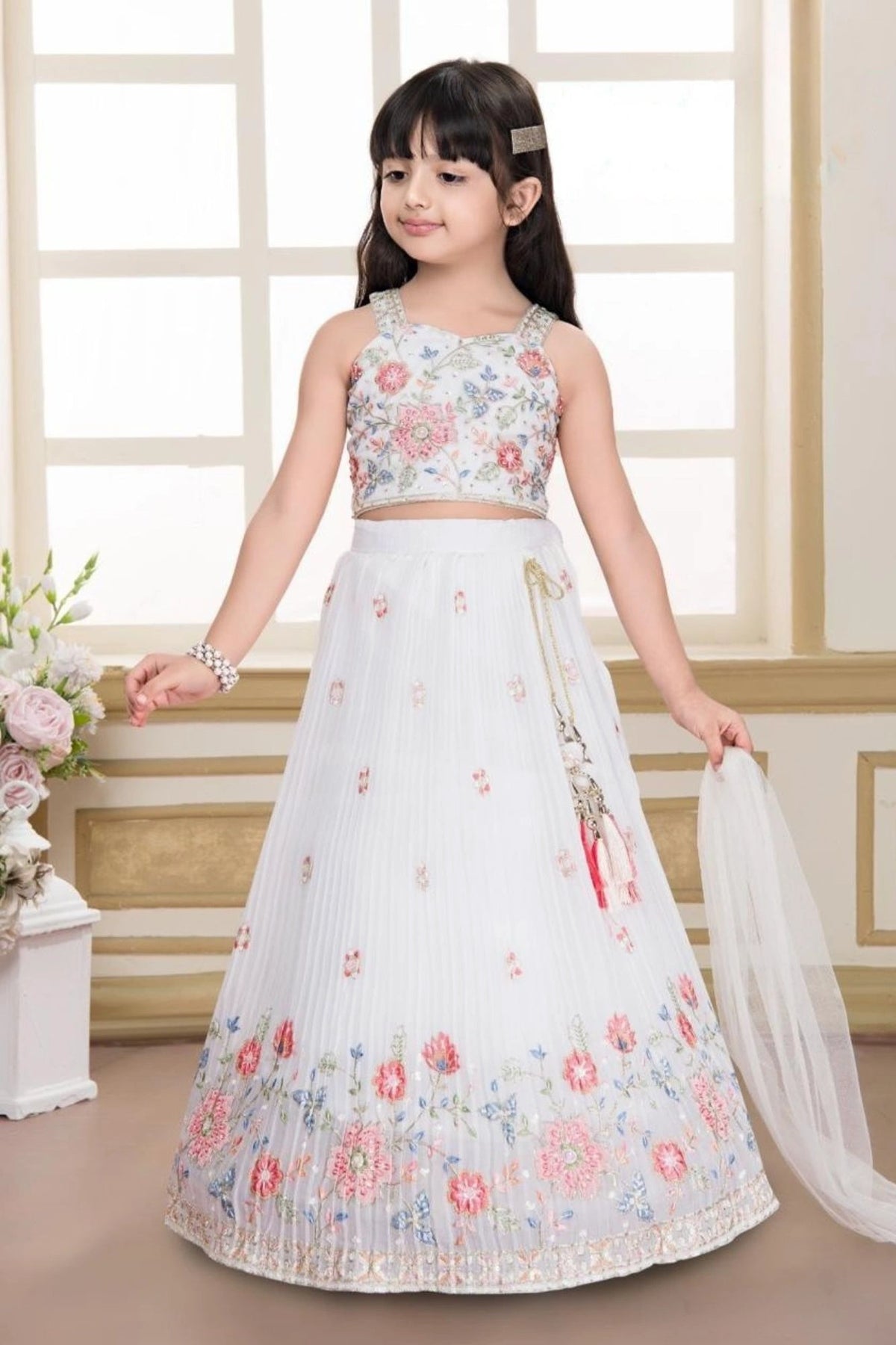 White Floral Embroidered Lehenga Choli with Dupatta For Girls
