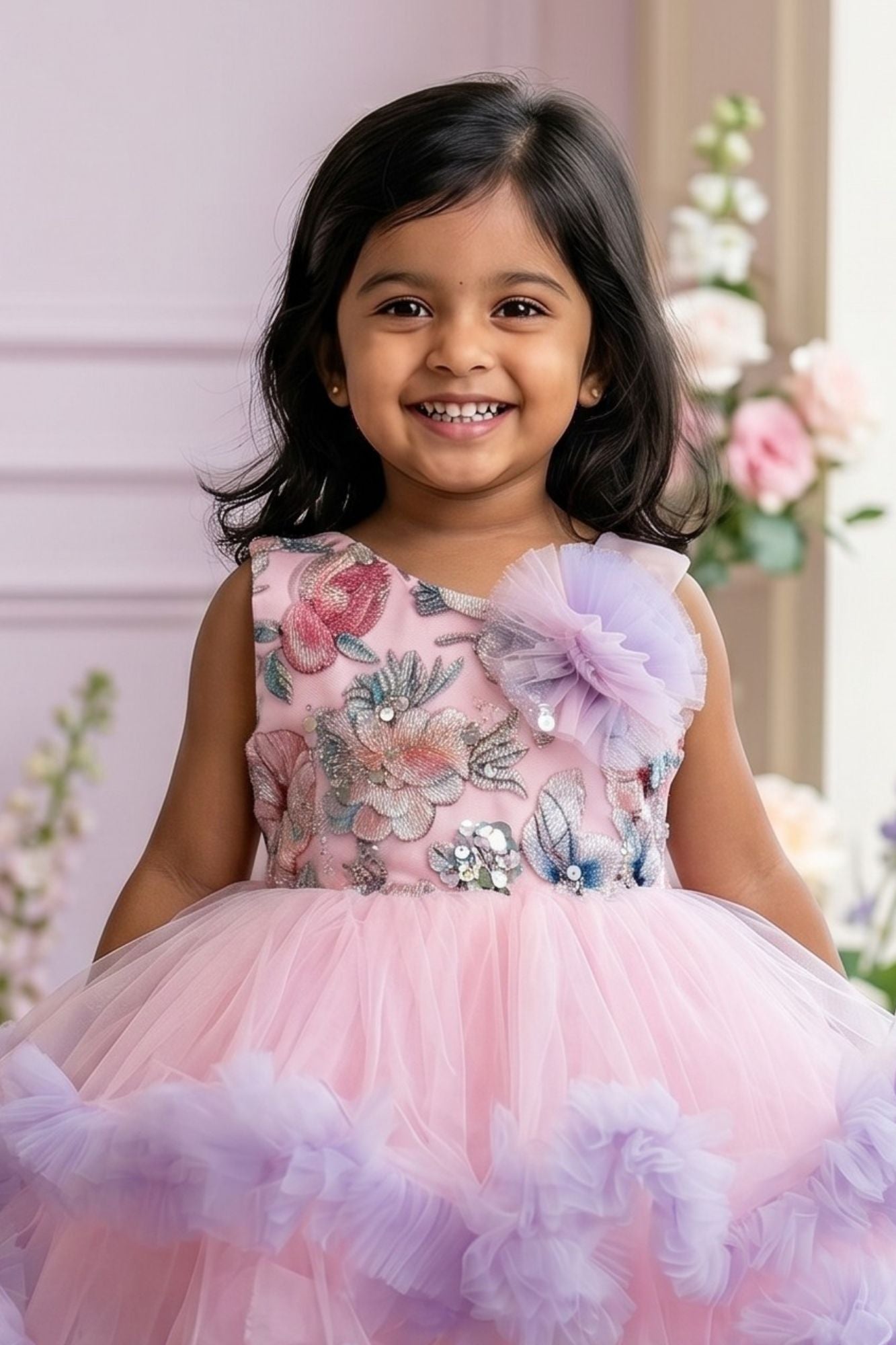 Pink And Lilac Floral Embroidered Frock With Ruffle High-Low Hem For Girls