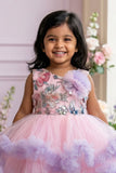 Pink And Lilac Floral Embroidered Frock With Ruffle High-Low Hem For Girls