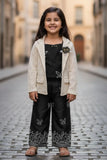 Black Embroidered Co-ord Set With Cream Lace Jacket For Girls