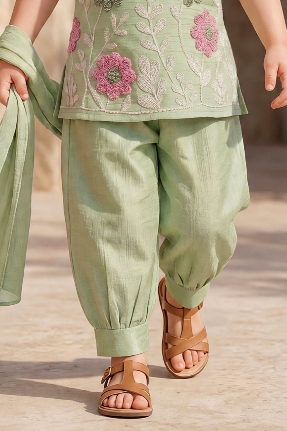 Girls Green With Pink Floral Embroidered Patiala Set